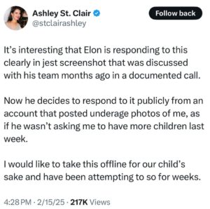 PHOTO Ashley St Clair Attacking Elon Musk On Twitter For Not Responding To Her And She Claims He Wants To Have More Kids With Her