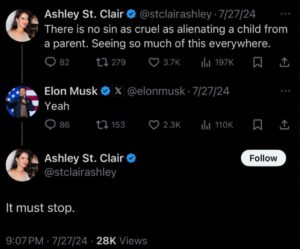 PHOTO Elon Musk Agreeing With Ashley St Clair That Alientating A Parent From A Child Is Cruel