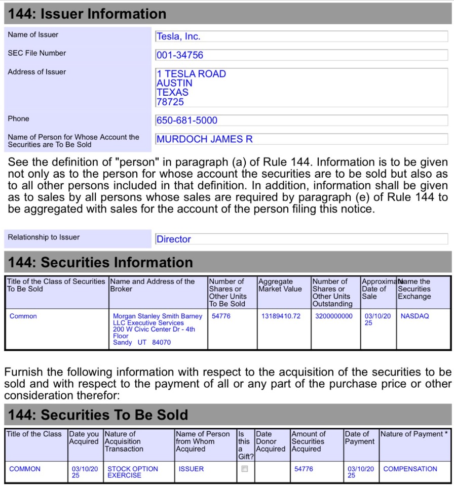 PHOTO Tesla Board Member James R. Murdoch Sold 54776 Shares Of Tesla