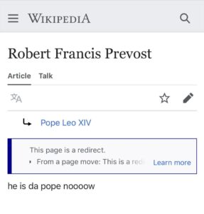 PHOTO Robert Prevost's Wikipedia Page Edited To Say He Is Da Pope Now