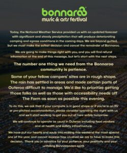 PHOTO Bonnaroo 2025 Full Statement Saying Remainder Of Festival Is Cancelled