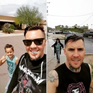 PHOTO Wess Roley Thinking He's Cool Walking Around Neighborhood With His Dad Giving Peace Sign