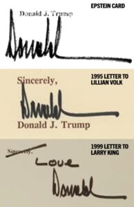 PHOTO Comparing Donald Trump's Signature From Epstein Card To 1995 Letter To Lillian Volk To 1999 Letter To Larry King