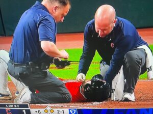PHOTO David Fry Getting Looked At By Cleveland Guardians Staff After Getting Hit By Pitch