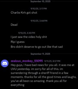 PHOTO Discord Message Tyler Robinson Sent Confessing To The Charlie Kirk Shooting