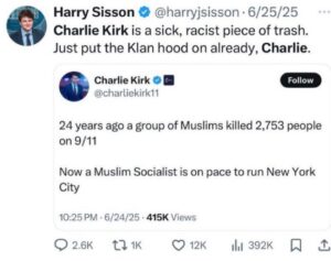 PHOTO Harry Sisson Calling Charlie Kirk A Sick Racist Piece Of Trash
