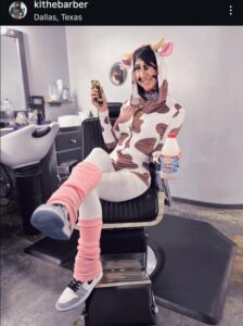 PHOTO Joshua Jahn's Sister Dressed Up In A Cow Costume Inside A Barbershop