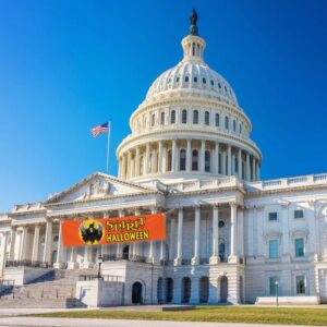 PHOTO Spirit Halloween Banner In Front Of The Capitol In DC During Government Shutdown Meme