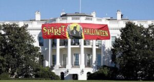 PHOTO The White House Preparing For Government Shutdown By Putting Spirit Halloween Banner On Front of White House Meme