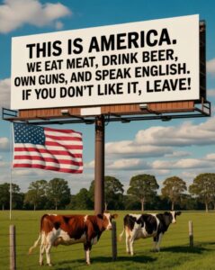PHOTO This Is America We Eat Meat Drink Beer Own Guns Speak English If You Don't Like It Leave Karoline Leavitt Meme
