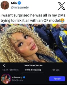 PHOTO Mia Sorety Up Getting DM's All Night From Sherrone Moore After Bailing Out Of Jail