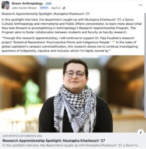 PHOTO Mustapha Kharbouch In Brown Anthropology Spotlight Post Wearing His Keffiyeh