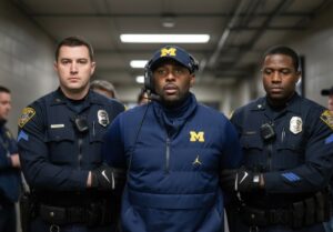 PHOTO Sherrone Moore Being Taken Away In Handcuffs