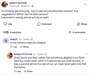 PHOTO Nancy Guthrie Asked For Recommendations About Cameras To Observe Desert Wildlife At Night On Her Property