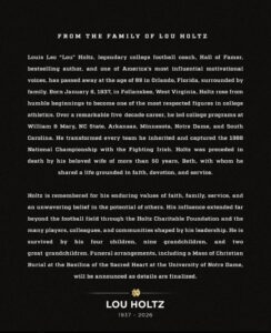 PHOTO Notre Dame Irish Statement On Lou Holtz Passing