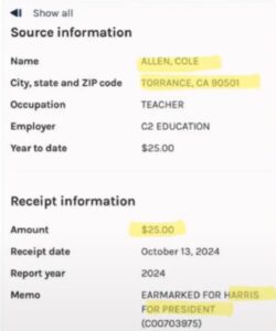 PHOTO Proof Cole Tomas Allen Donated $25 To Kamala Harris For President In 2024