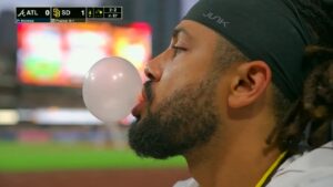 PHOTO Fernando Tatis Blowing A Huge Bubble During Braves Padres Game On ESPN